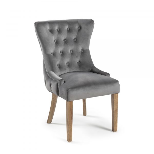 Knightsbridge Grey Velvet Upholstered Dining Room Chair With Button Tufted Detailing – Oak Legs