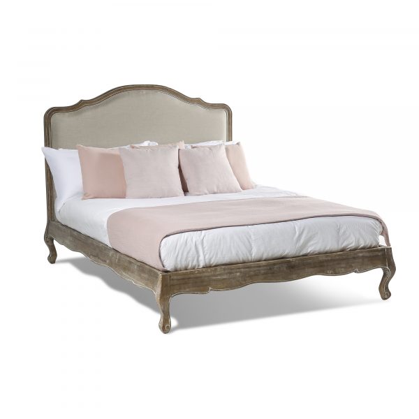 Eloise French Weathered Limed Ash Upholstered Low Foot Board Bed – Double Size