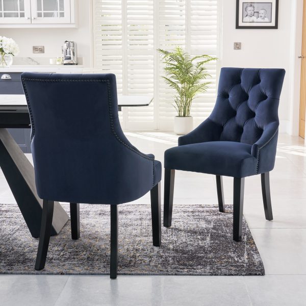 New Chelsea Dark Blue Brushed Velvet Scoop Back Dining Chair Black Studs