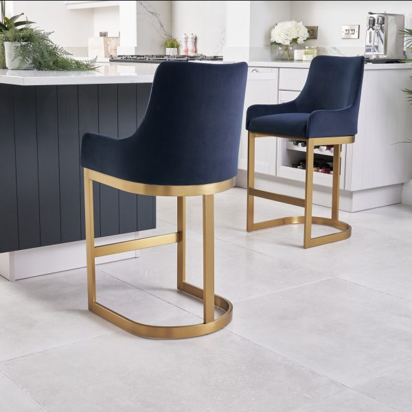 Clara Blue Velvet Upholstered Counter Kitchen Stool with Gold Steel Frame