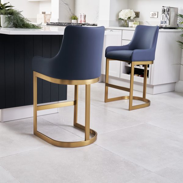 Clara Blue Upholstered Counter Kitchen Stool with Gold Steel Frame