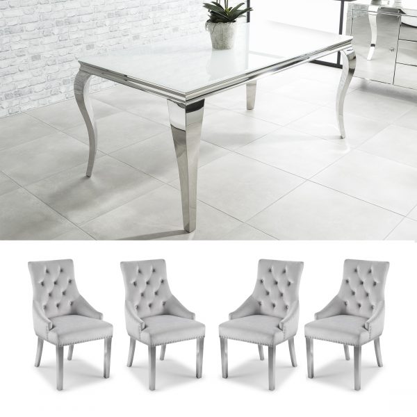 1.6m Louis Polished Steel Dining White Glass Table Set with 4 Chelsea Light Grey Brushed Velvet Dining Chairs