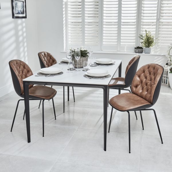 Bellagio 1.6M White Sintered Stone Dining Table Set with 4 x Thiago Tan Dining Chairs